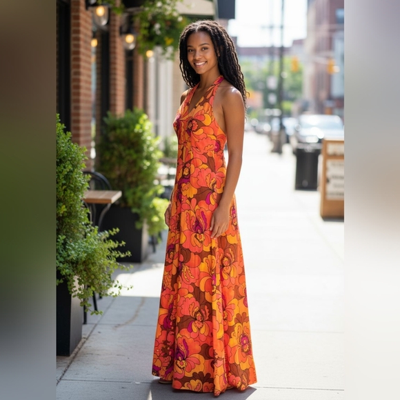 Vintage 1960s 1970s Neon Barkcloth? Halter Maxi Dress Summer Floral 10 M - Picture 2 of 16